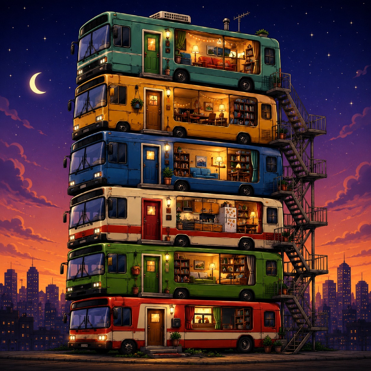 Six city buses stacked into a six-storey apartment tower at dusk